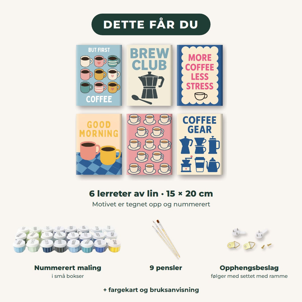 Dette får du: 6 lerreter 15 × 20 cm, nummerert maling, 9 pensler, opphengsbeslag, fargekart og bruksanvisning