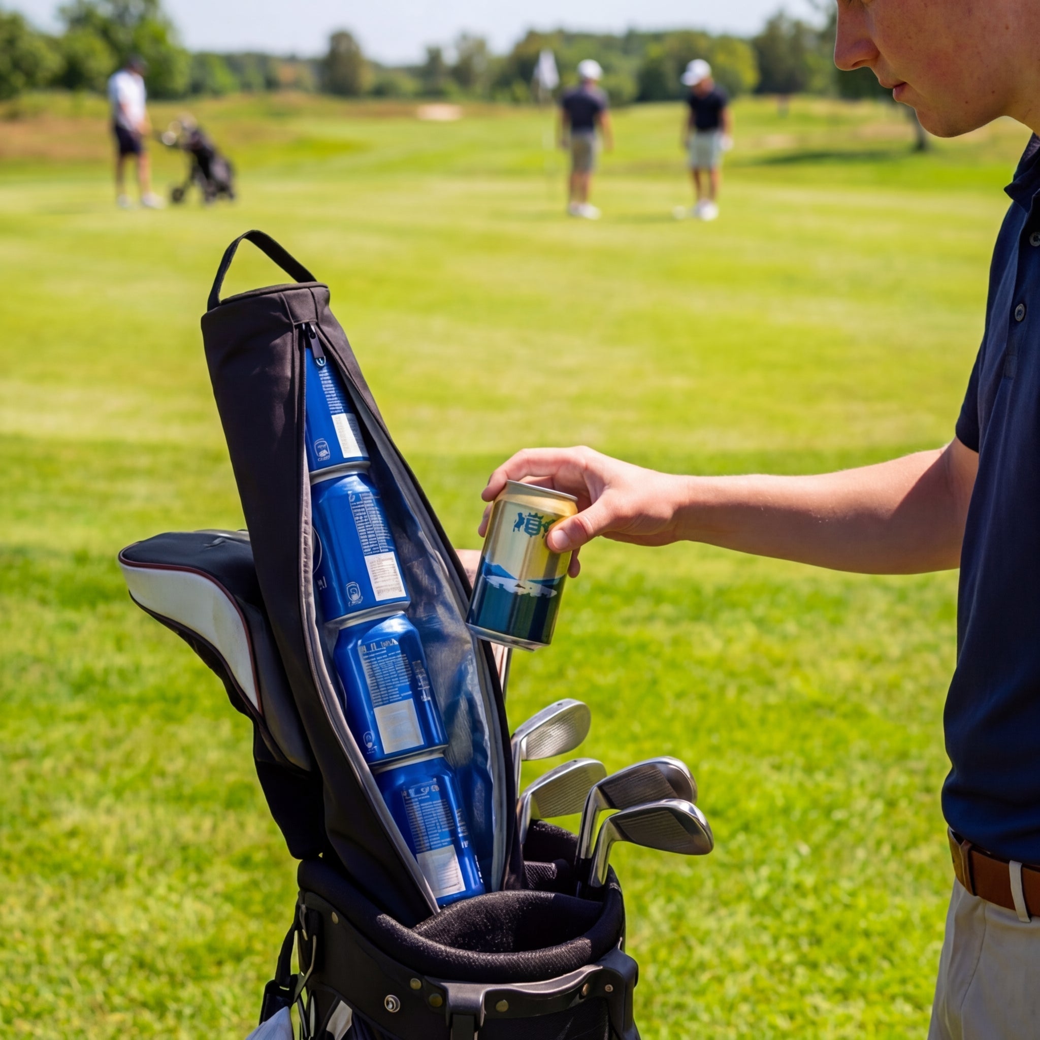 CaddySock golfer henter kald drikke fra golfbagen