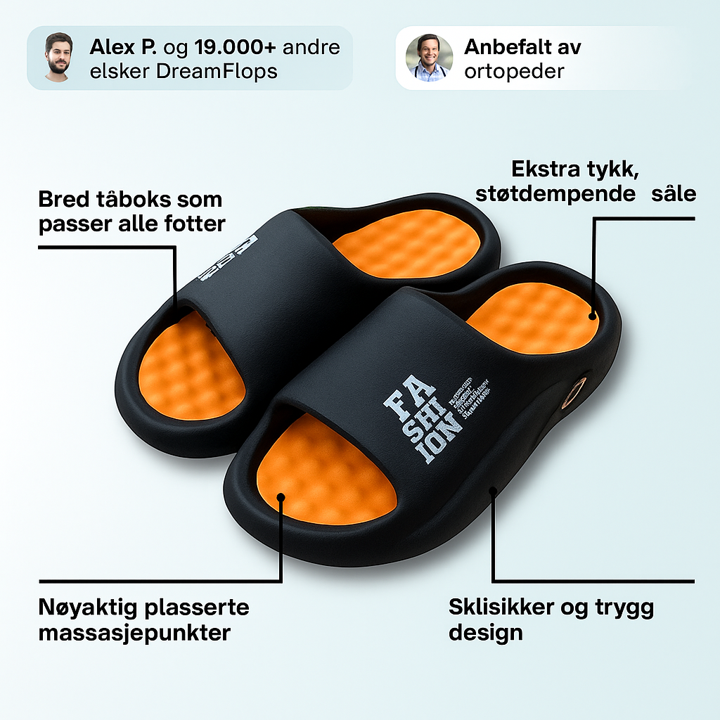 DreamFlops funksjoner - bred taboks, stotdempende sale, massasjepunkter