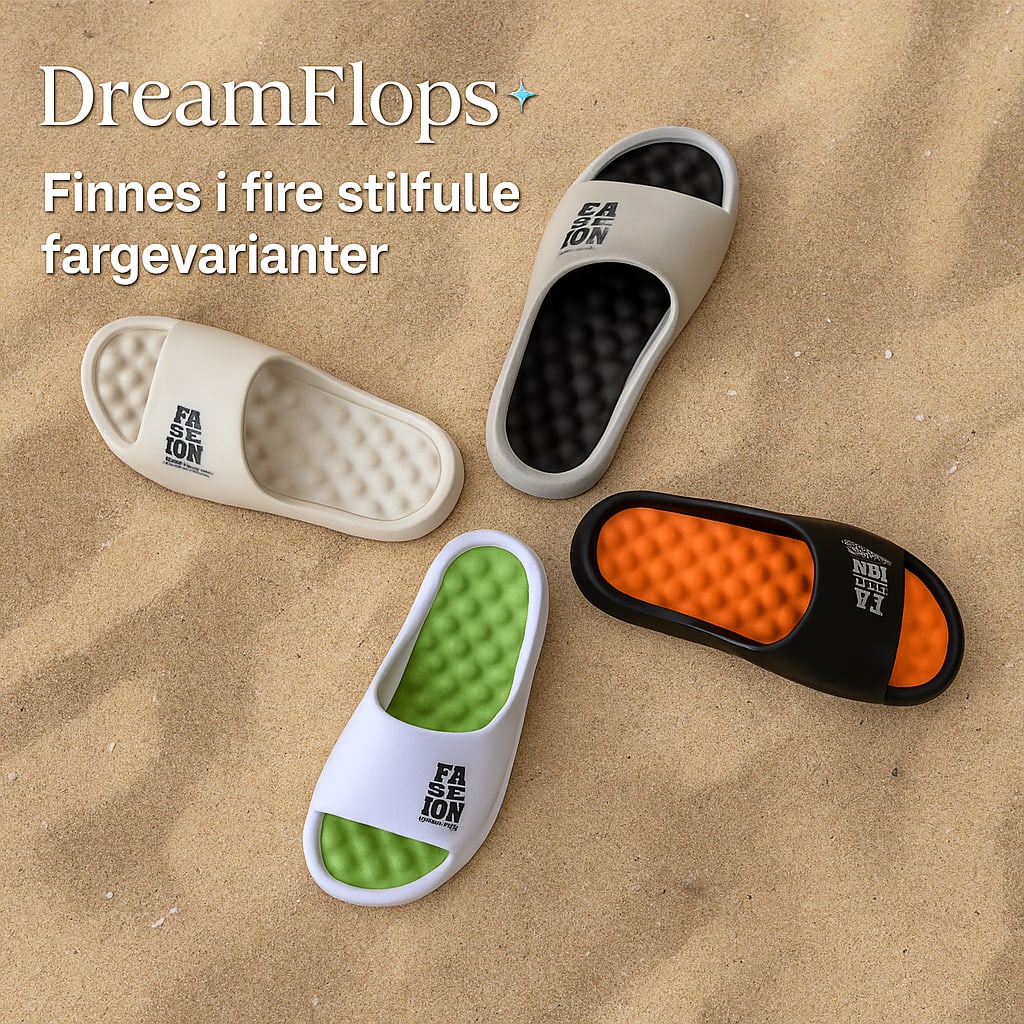 DreamFlops i fire farger lagt på sand: beige, sort, hvit og grønn såle
