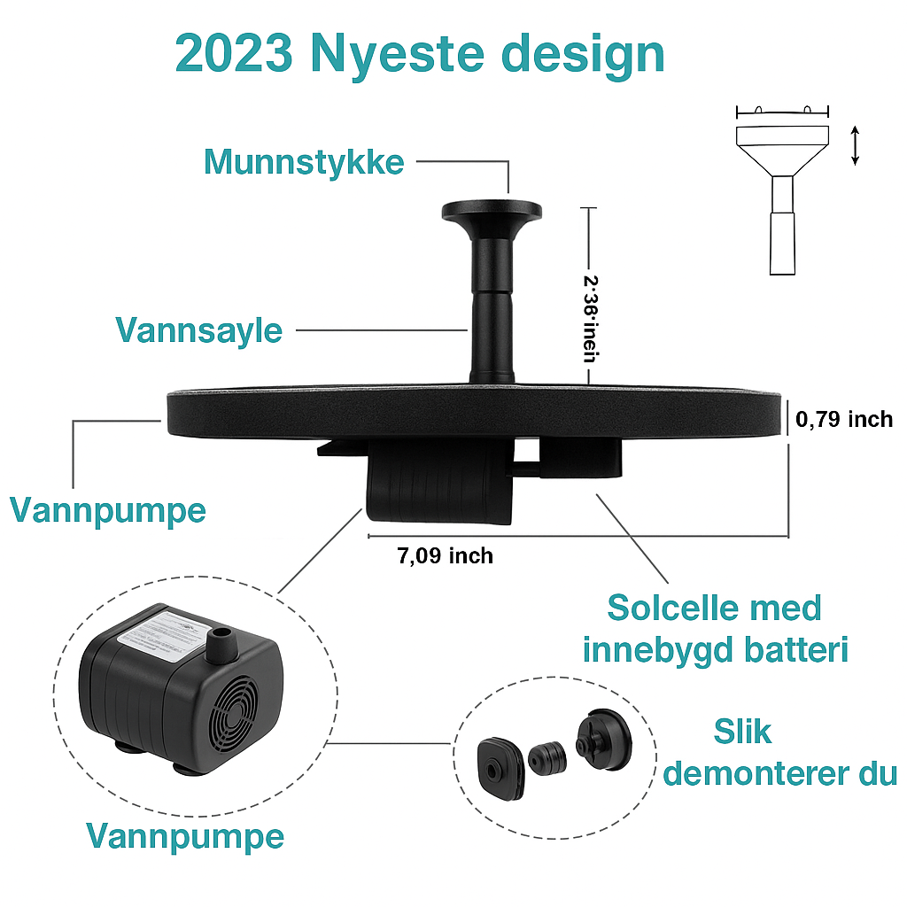 Solcellefonten teknisk diagram med deler og munnstykker