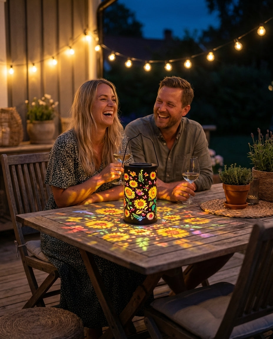 FloraLykta par som spiser middag på terrassen med solrosemonstre