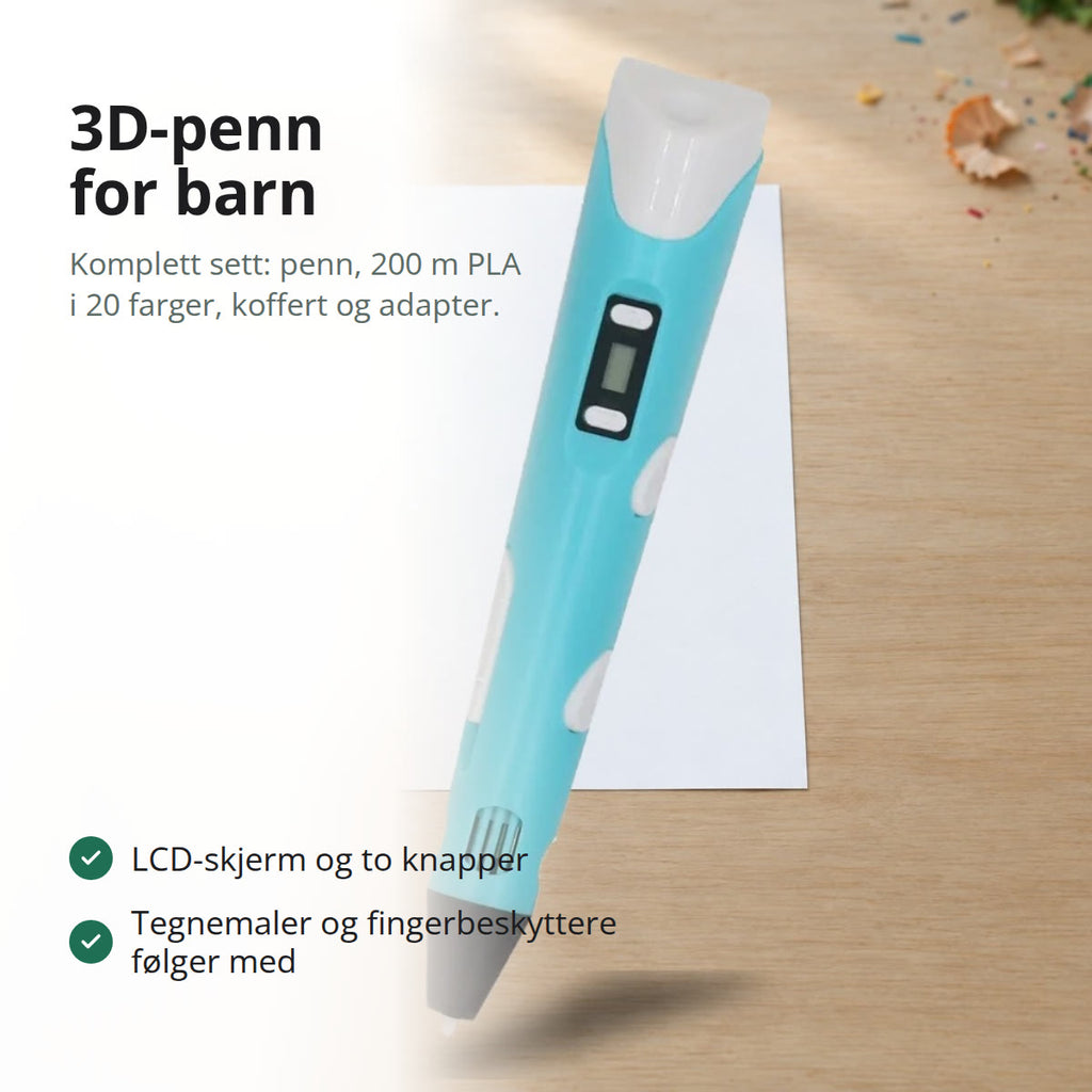 Blå 3D-penn med LCD-skjerm liggende på et hvitt ark på en lys trepult