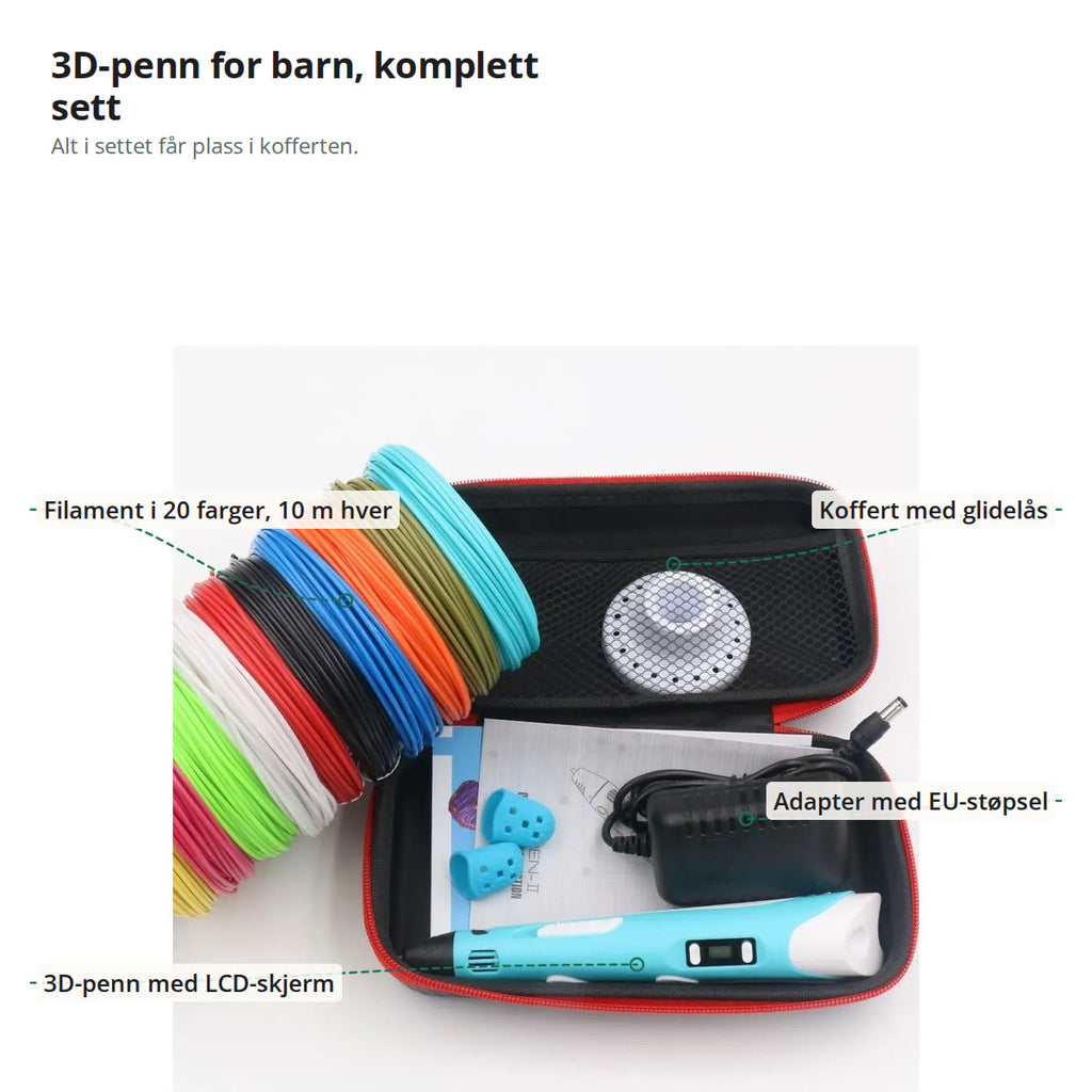 Settet merket med filament i 20 farger på 10 m hver, koffert med glidelås, adapter med EU-støpsel og 3D-penn med LCD-skjerm