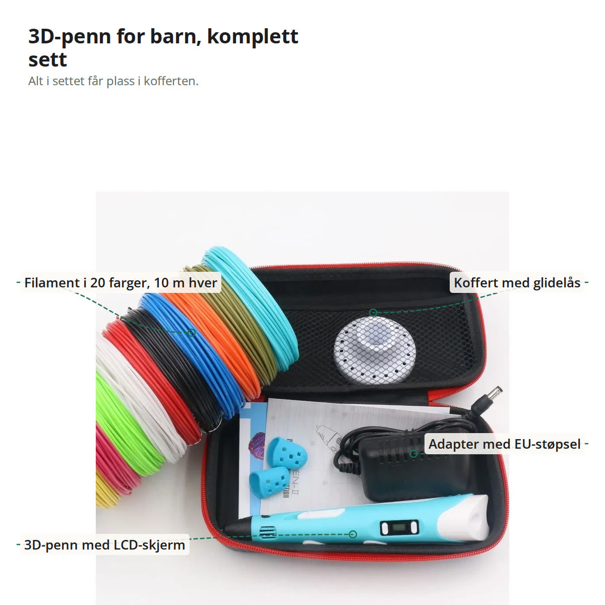 Settet merket med filament i 20 farger på 10 m hver, koffert med glidelås, adapter med EU-støpsel og 3D-penn med LCD-skjerm