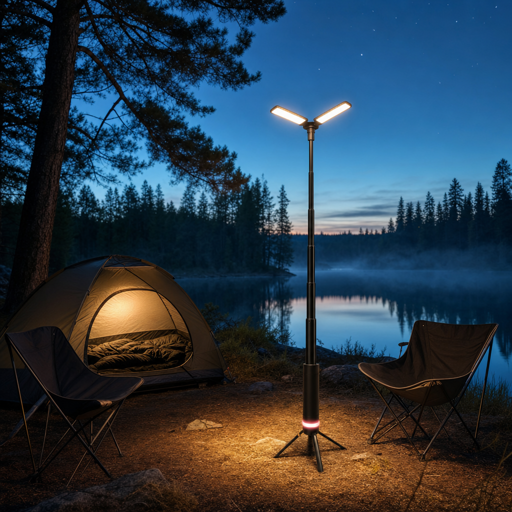 Rover campinglampe lyser opp leiren om natten