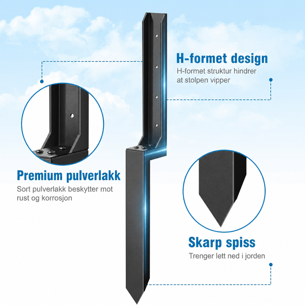 H-formet design, pulverlakk og skarp spiss