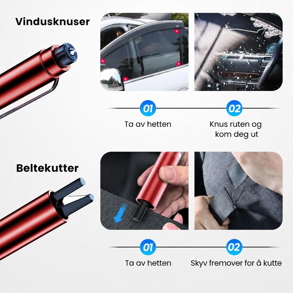 Slik bruker du vindusknuseren og beltekutteren