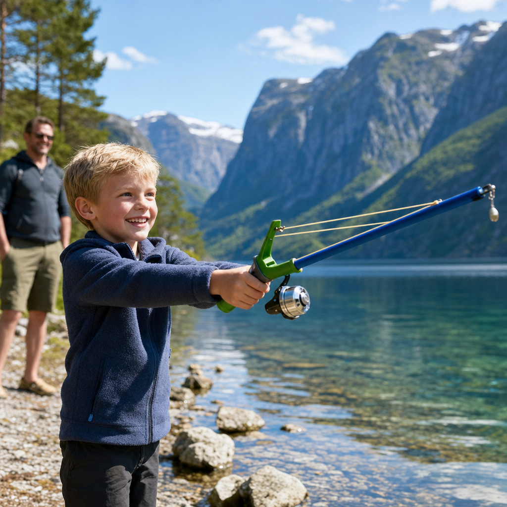 Glad gutt fisker ved fjellvann