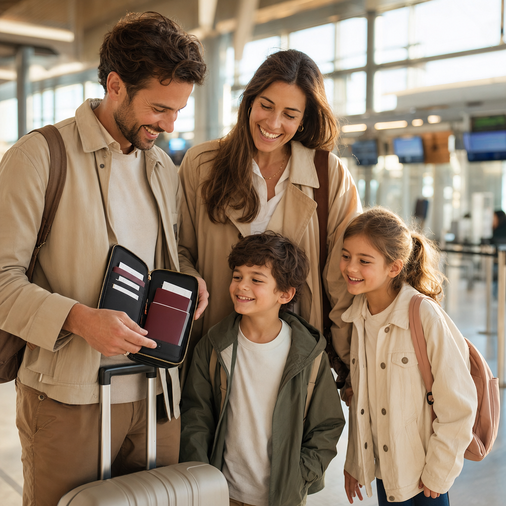 Familie pa flyplassen med passholder og pass