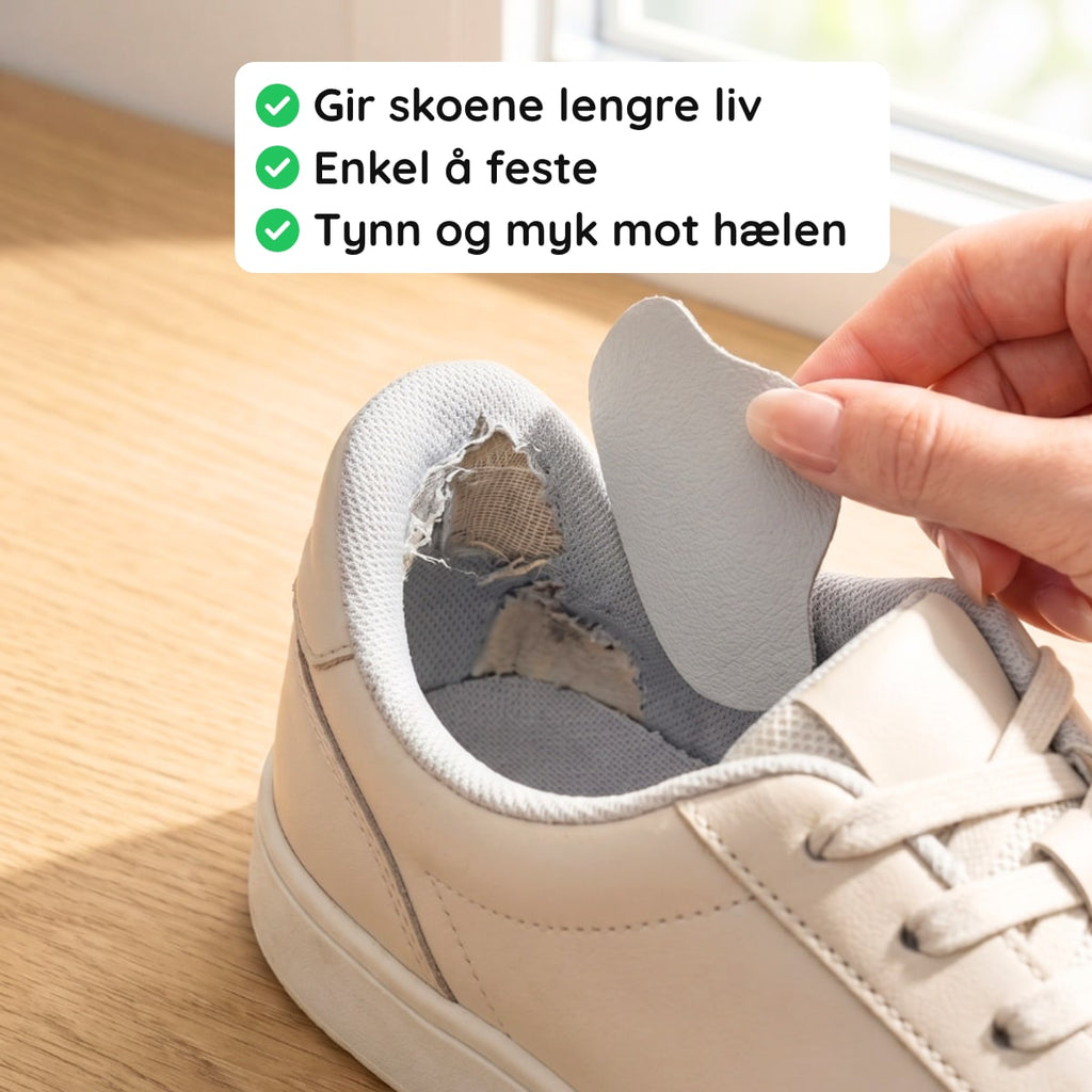 Hælfiks-lapp holdes over en sko med hull i hælen