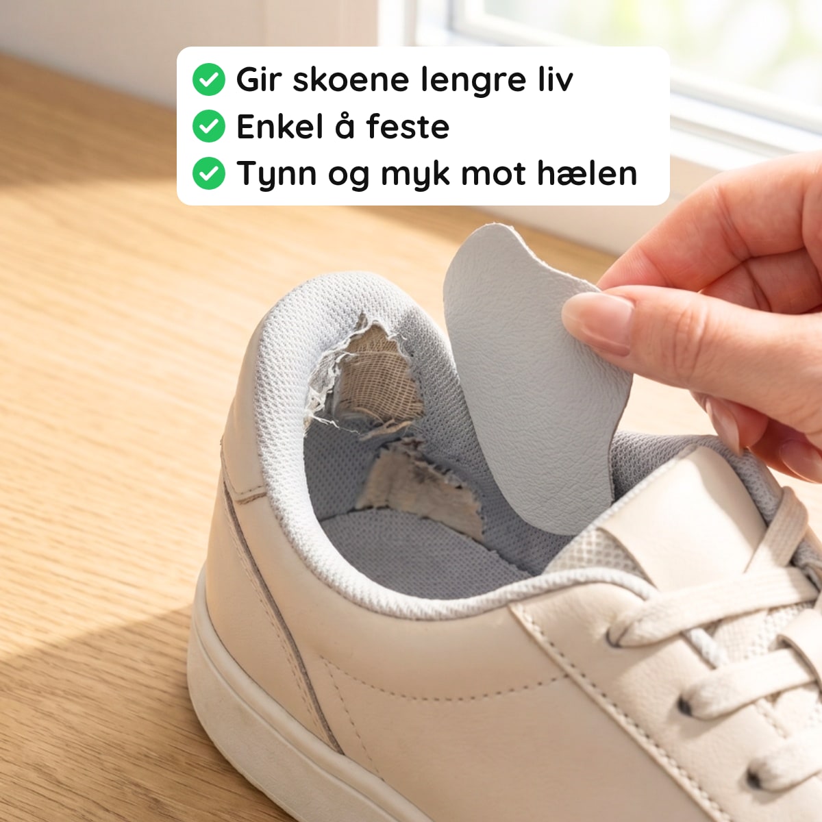 Hælfiks-lapp holdes over en sko med hull i hælen