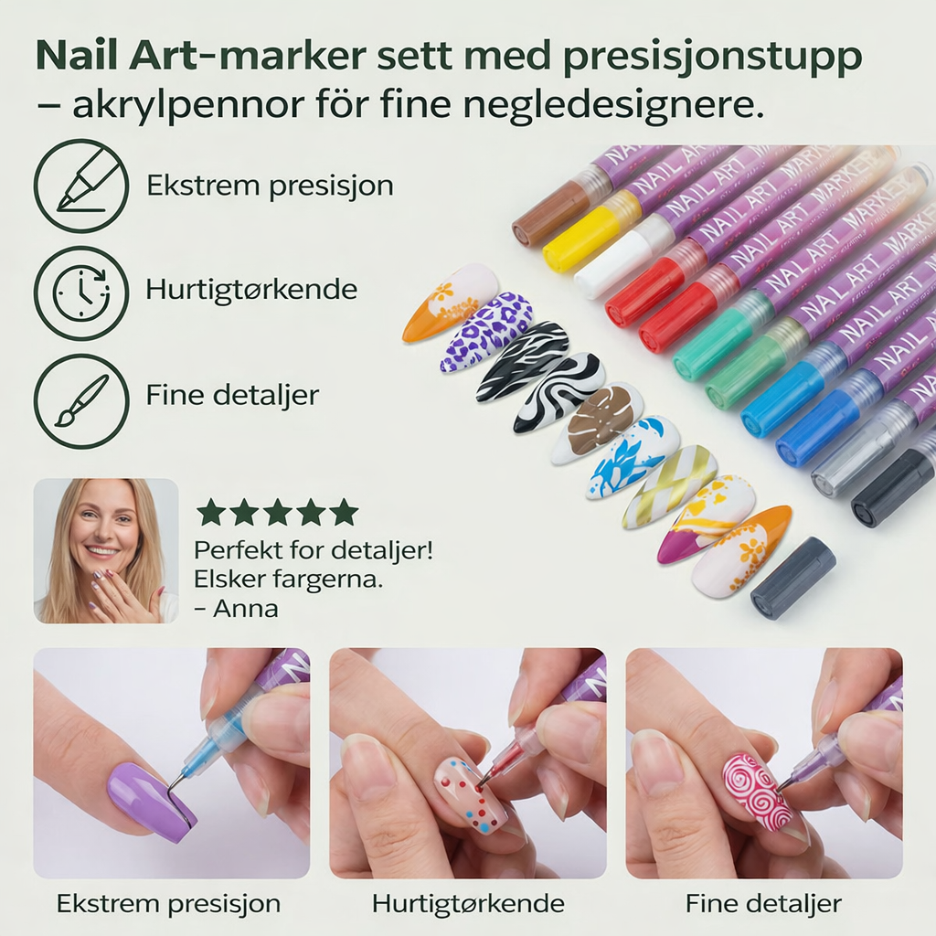 Markørsett for neglekunst med presisjonsspiss