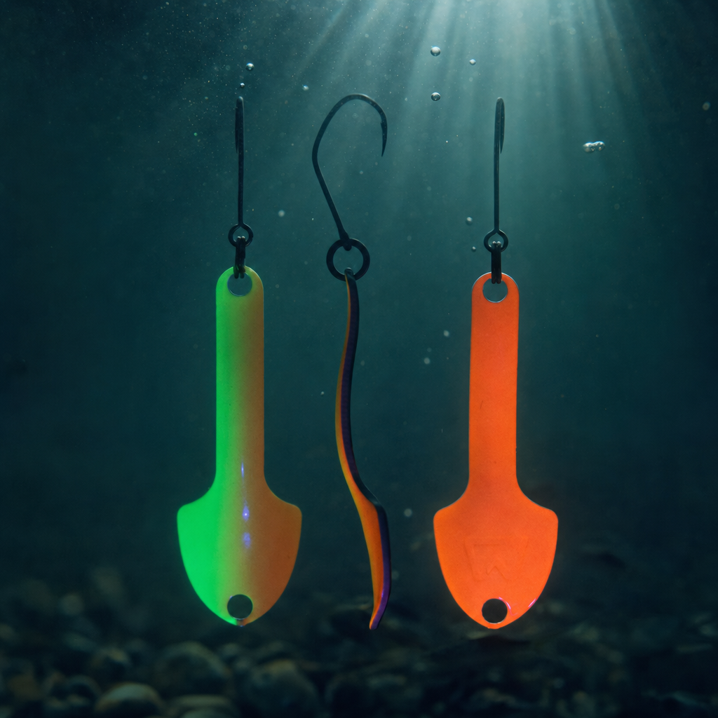 UV-aktive spoons som lyser i grumsete vann