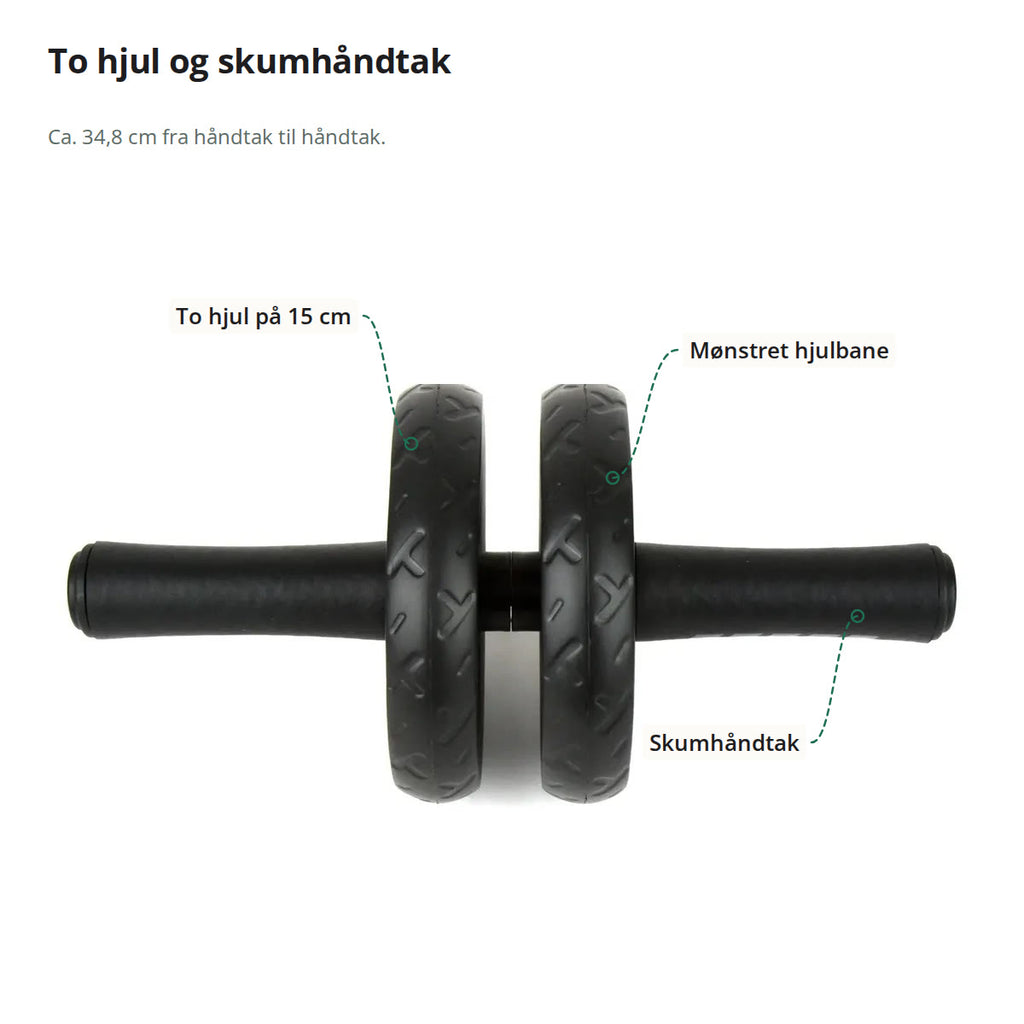 Ab wheel sett forfra med to hjul på 15 cm, mønstret hjulbane og skumhåndtak merket