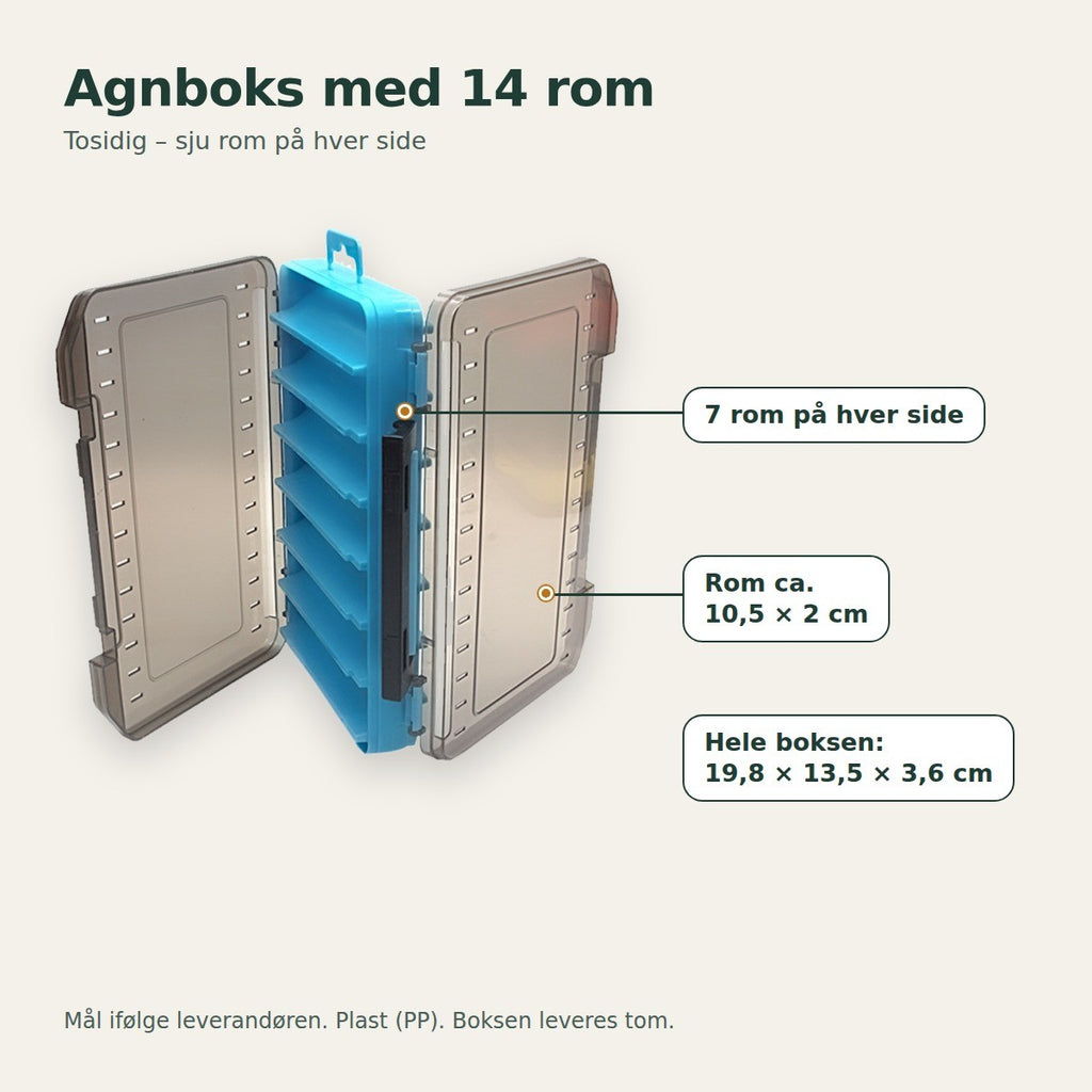 Agnboks med 14 rom: sju rom på hver side, rom på ca. 10,5 × 2 cm, hele boksen 19,8 × 13,5 × 3,6 cm