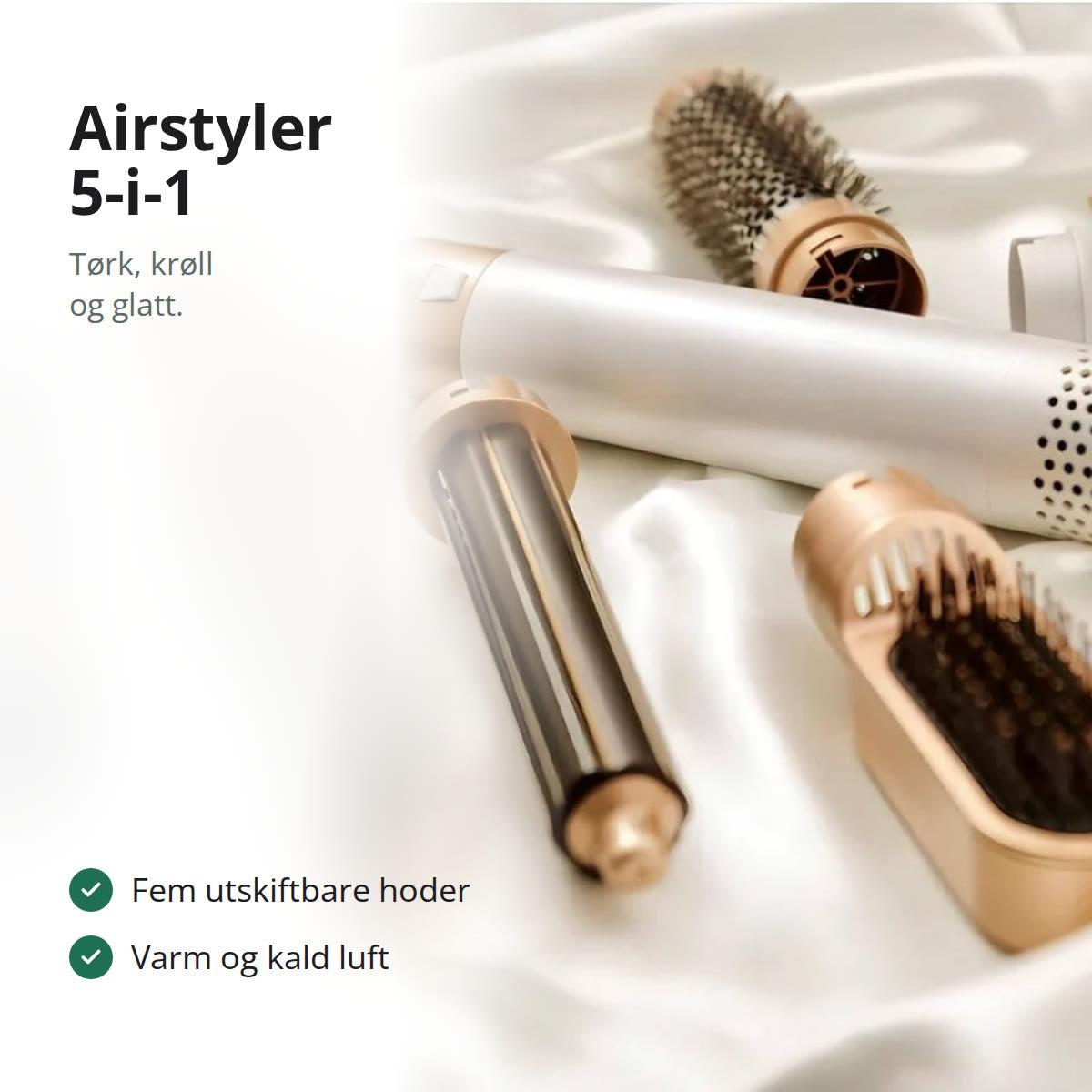 Airstyler med fem utskiftbare hoder på en silkeduk