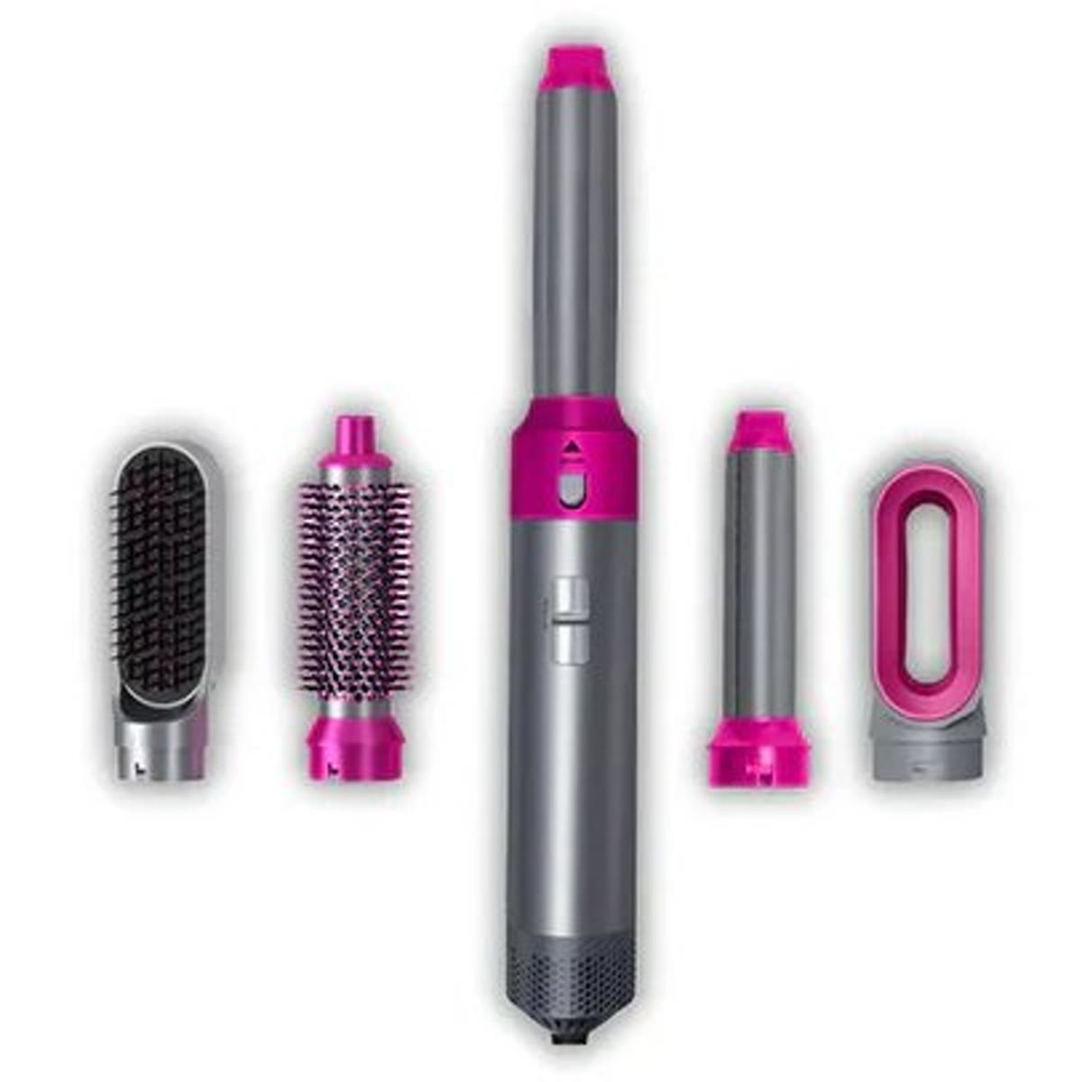 Airstyler i grått og lilla med fem hoder, sett forfra