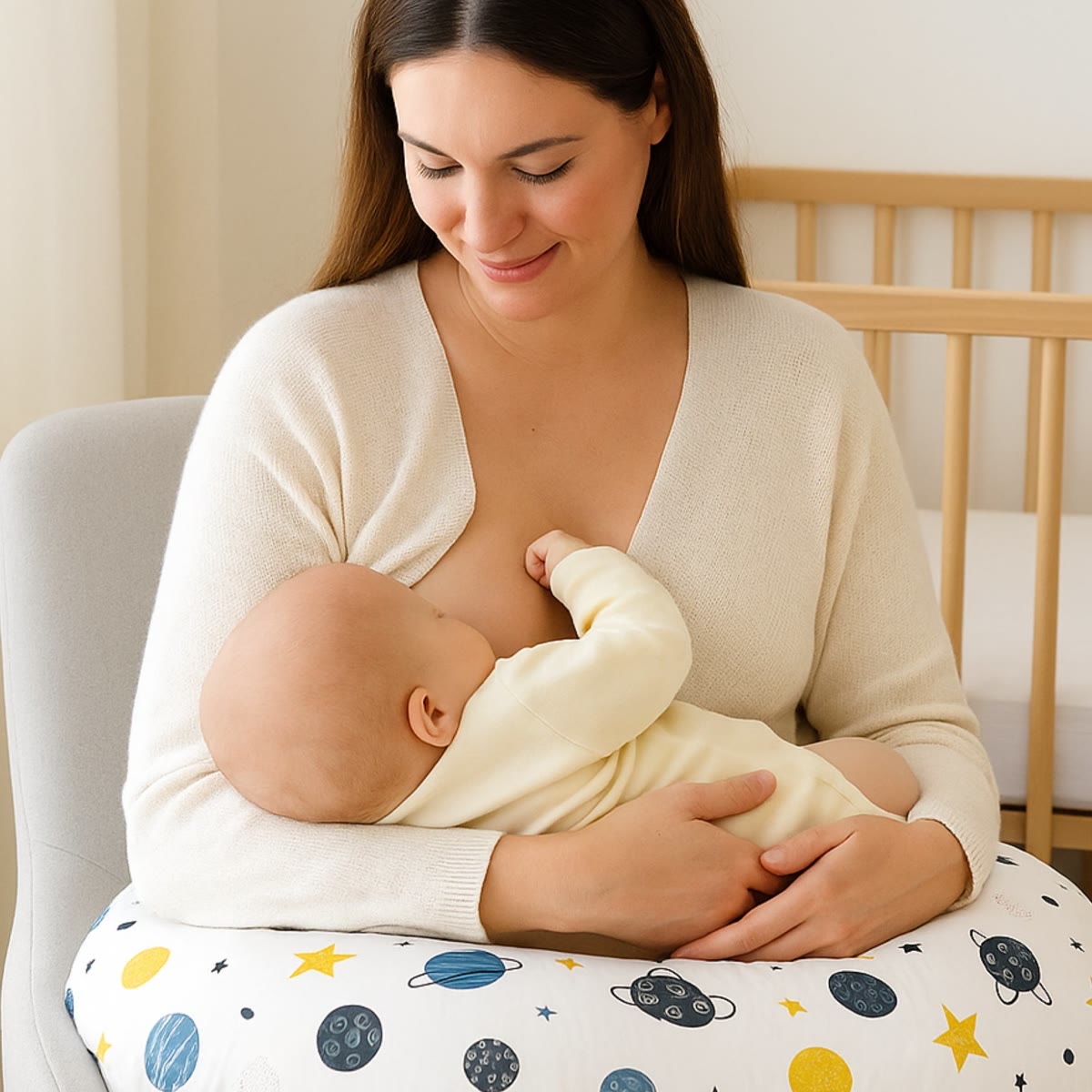 Ammepute med liten babypute og justerbar stropp – Hvit planeter