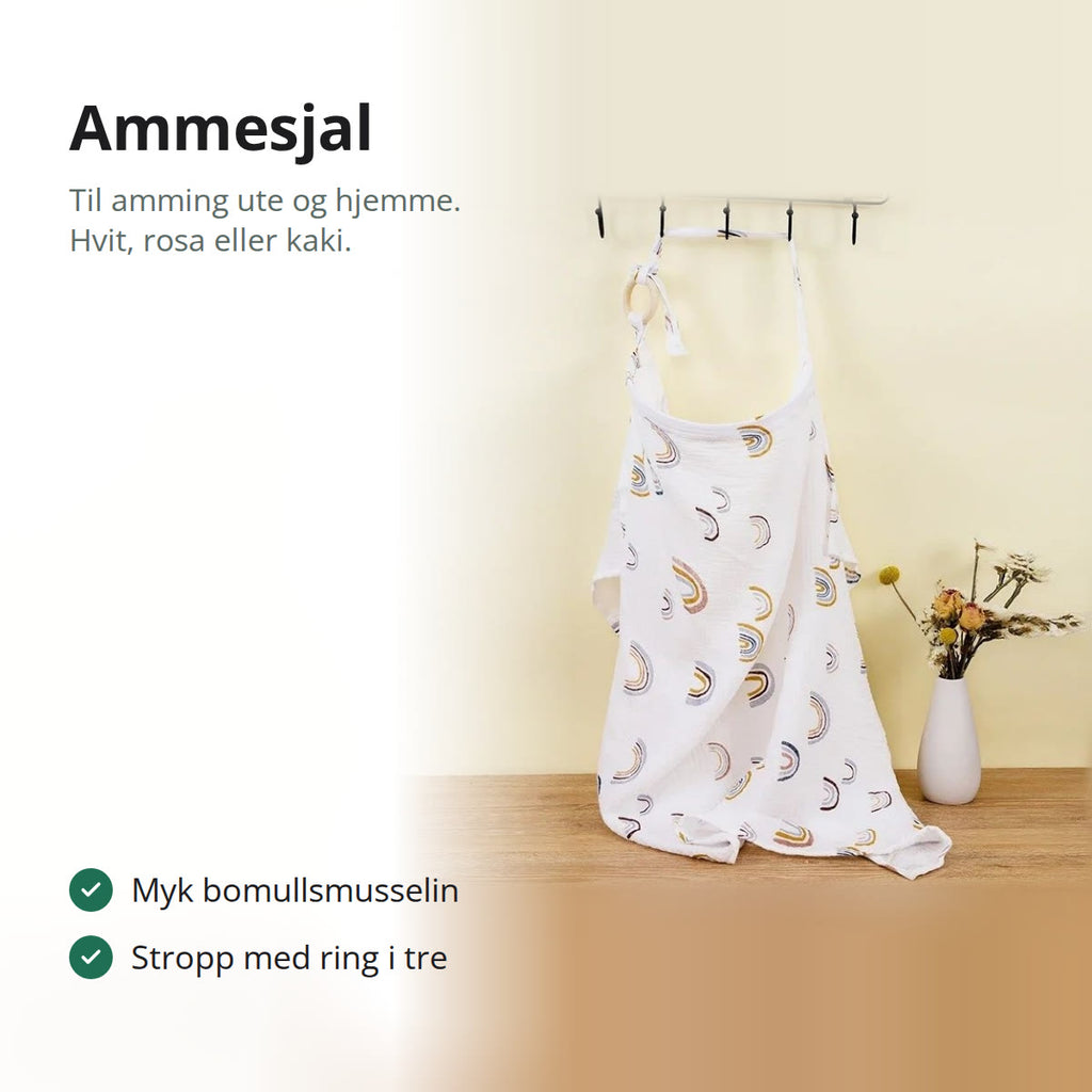Hvitt ammesjal med regnbuemønster på en knaggrekke