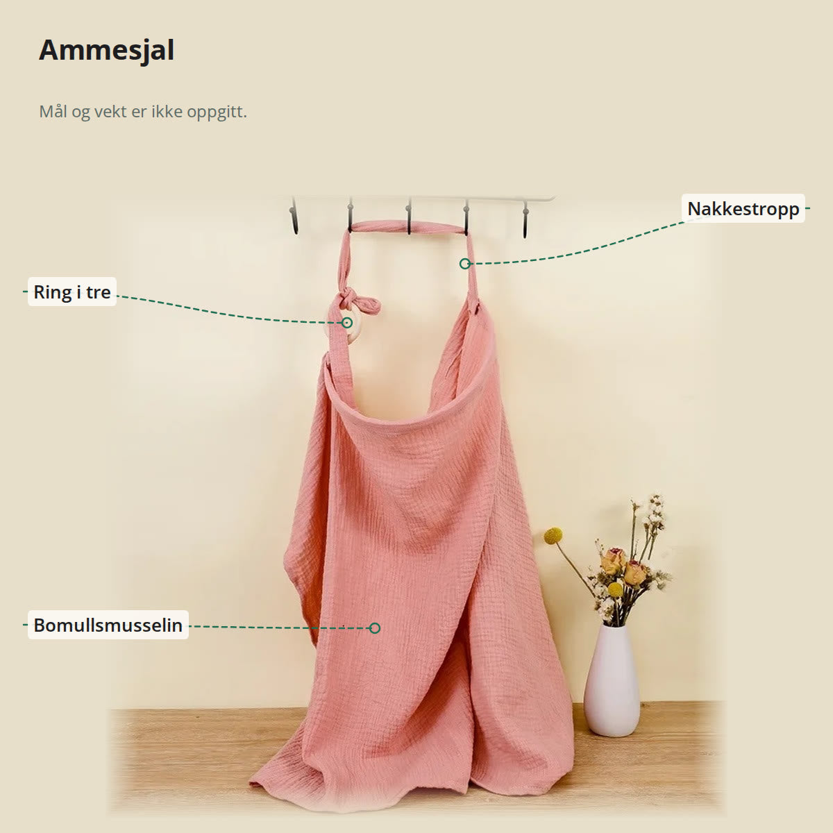 Rosa ammesjal merket med ring i tre, nakkestropp og bomullsmusselin