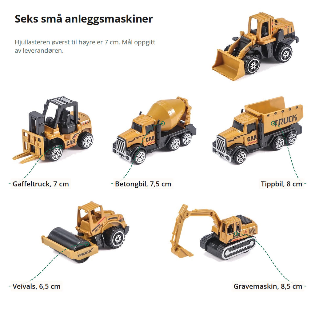 De seks anleggsmaskinene på hvit bakgrunn merket med lengde: gaffeltruck 7 cm, betongbil 7,5 cm, tippbil 8 cm, veivals 6,5 cm, gravemaskin 8,5 cm og hjullaster 7 cm