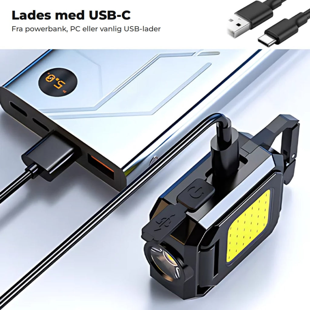 Arbeidslyset lades med USB-C-kabel fra en powerbank