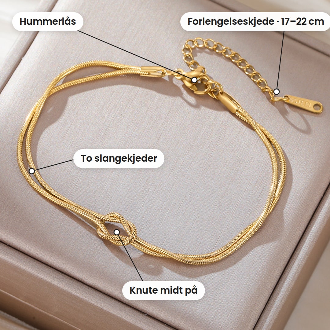 Armbåndet med forklaringer: hummerlås, forlengelseskjede på 17–22 cm, to slangekjeder og knute midt på