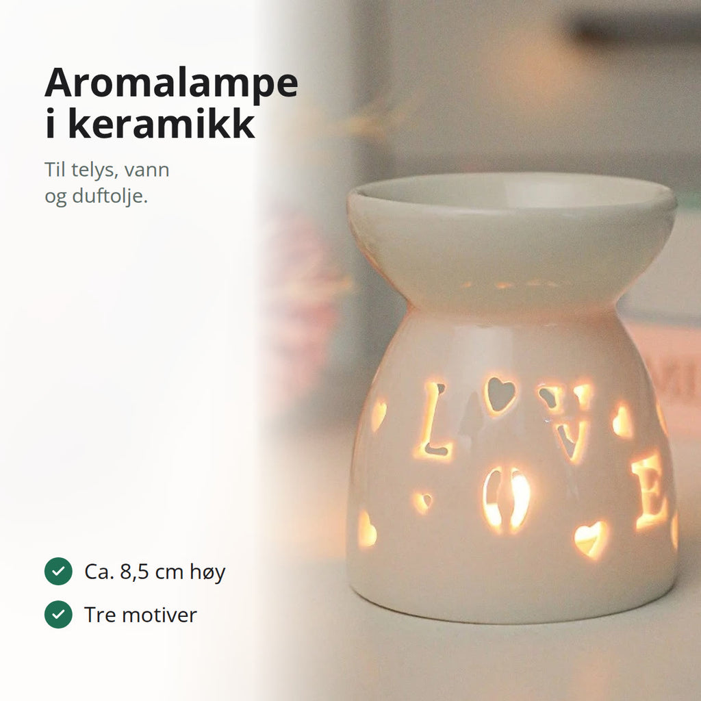 Tent aromalampe i hvit keramikk med LOVE og hjerter skåret ut