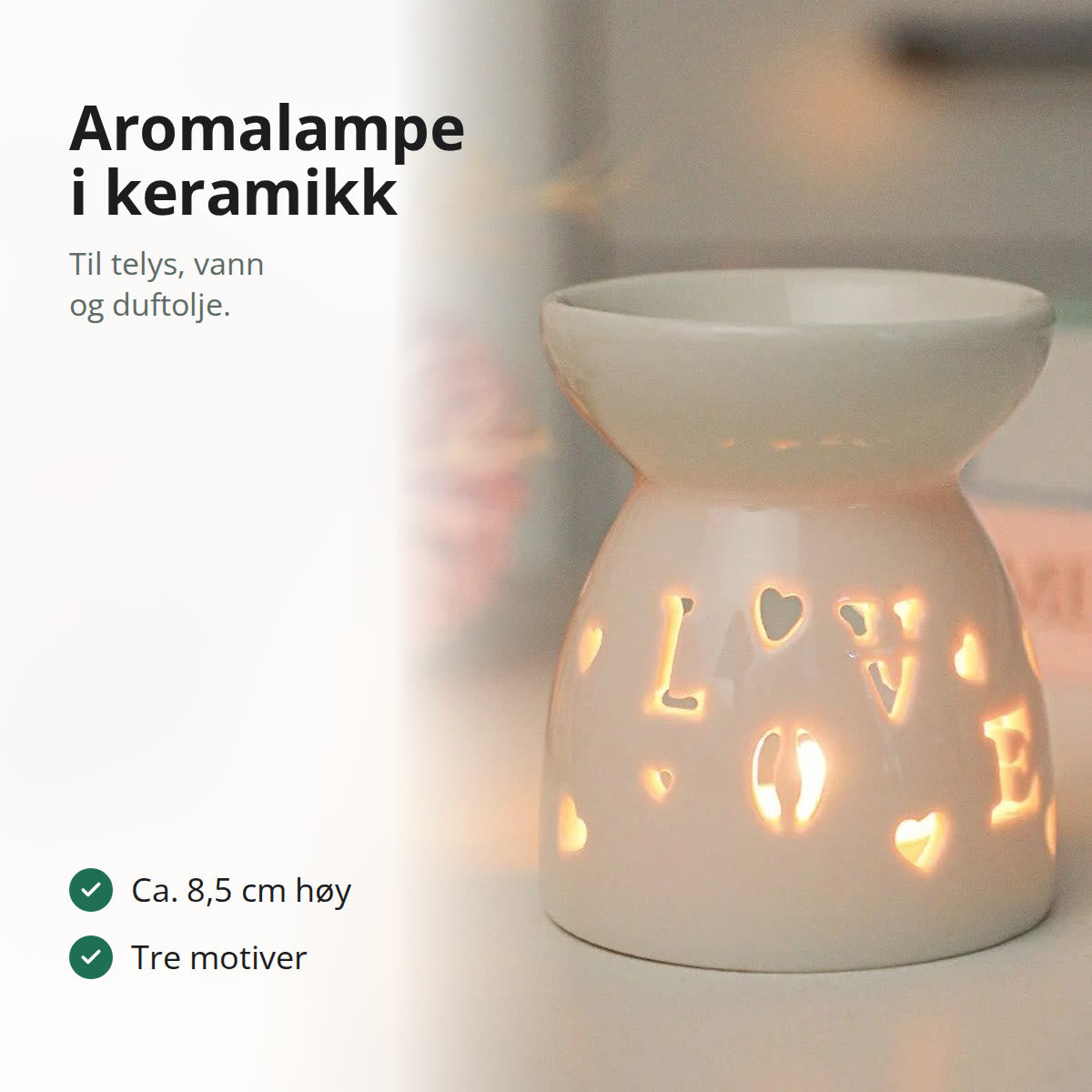 Tent aromalampe i hvit keramikk med LOVE og hjerter skåret ut