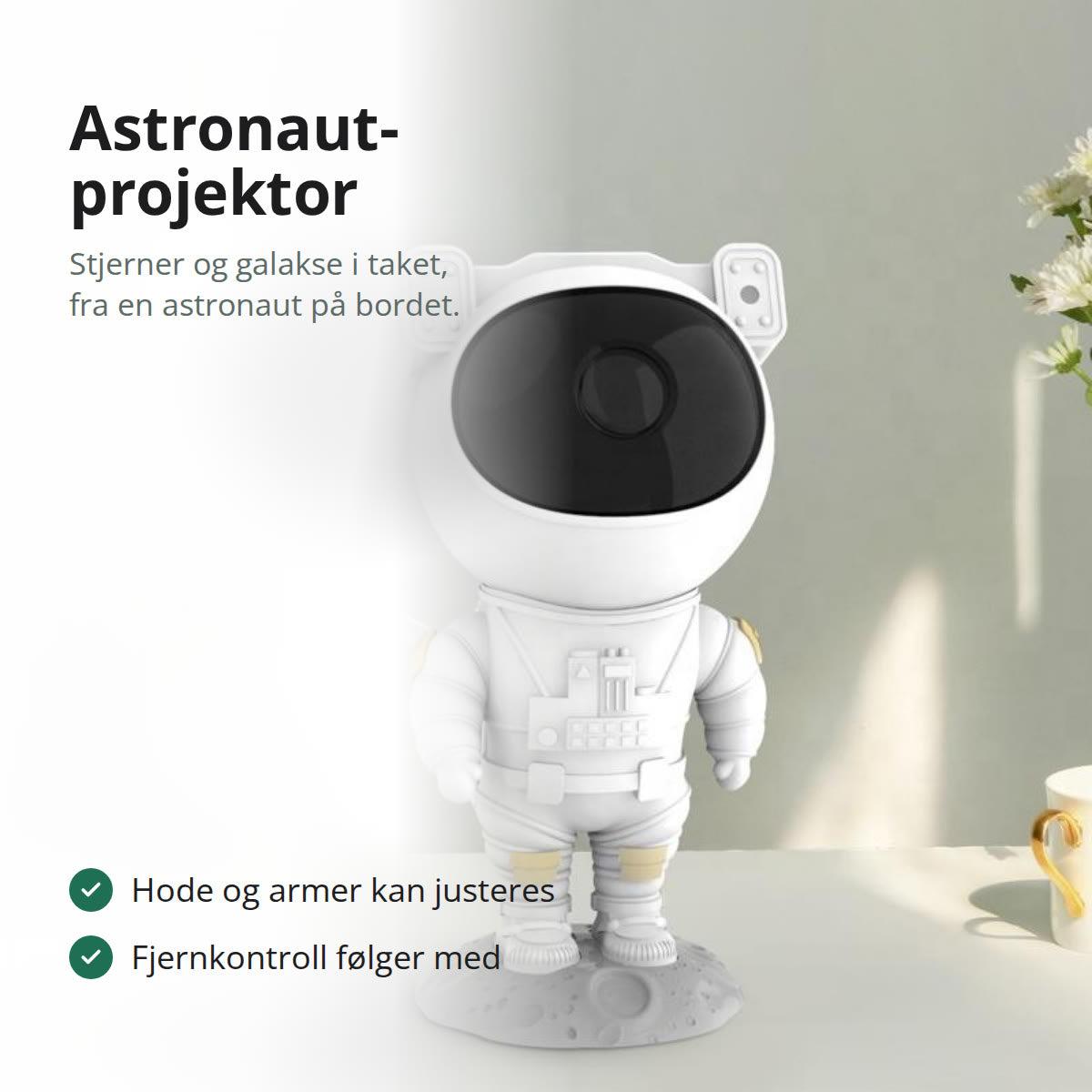 Hvit astronaut-projektor på et bord ved et vindu, med blomster i bakgrunnen