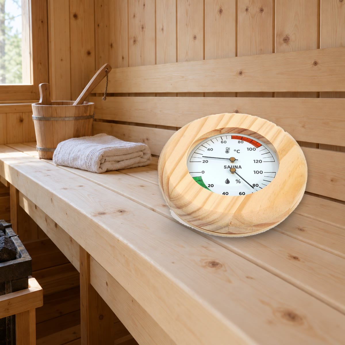 Badstutermometer i fururamme liggende på en badstubenk ved siden av et håndkle