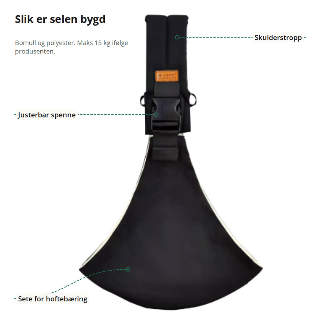Bæreselen sett forfra med skulderstropp, justerbar spenne og sete for hoftebæring markert