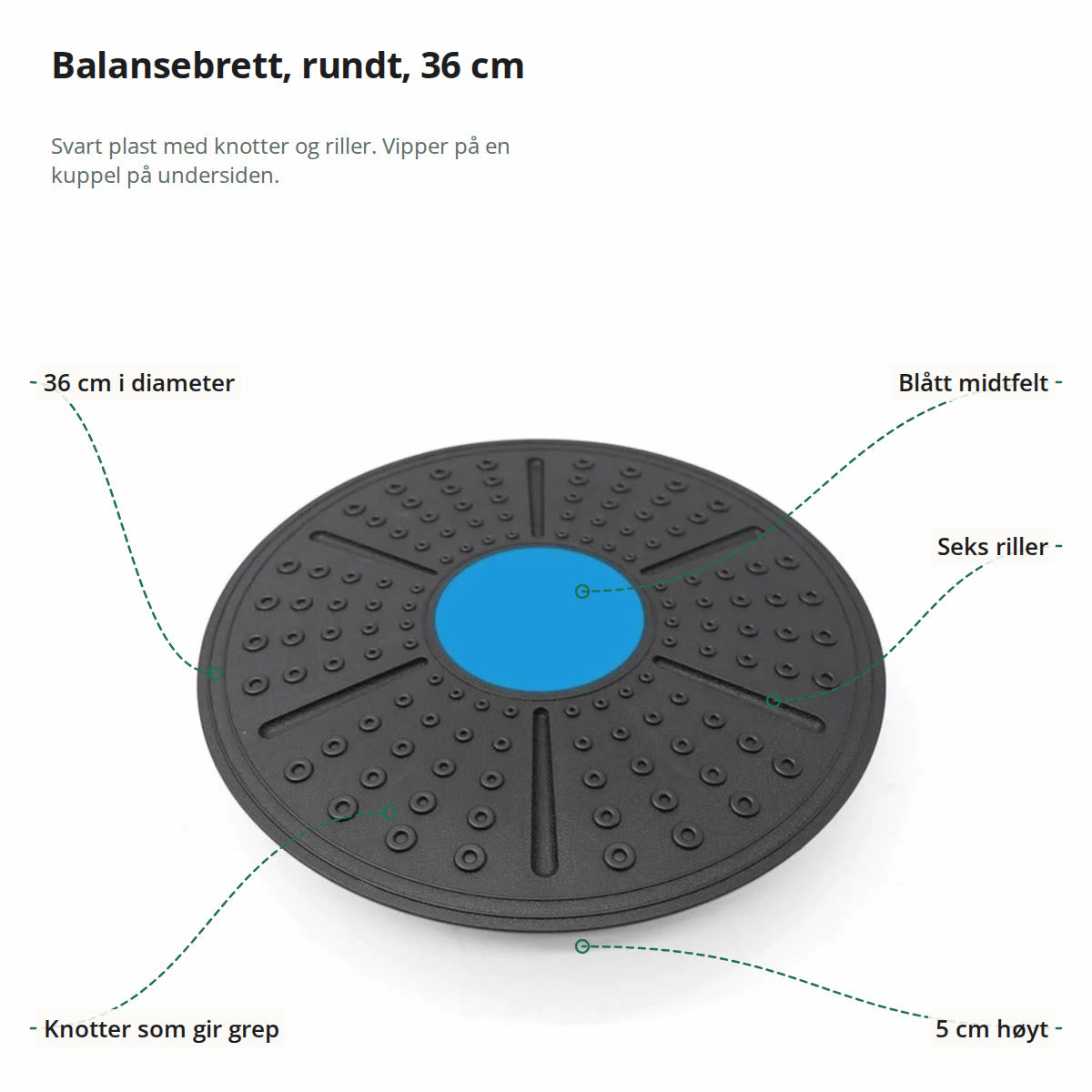 Rundt balansebrett sett ovenfra, merket med diameter på 36 cm, blått midtfelt, seks riller, knotter som gir grep og 5 cm høyde
