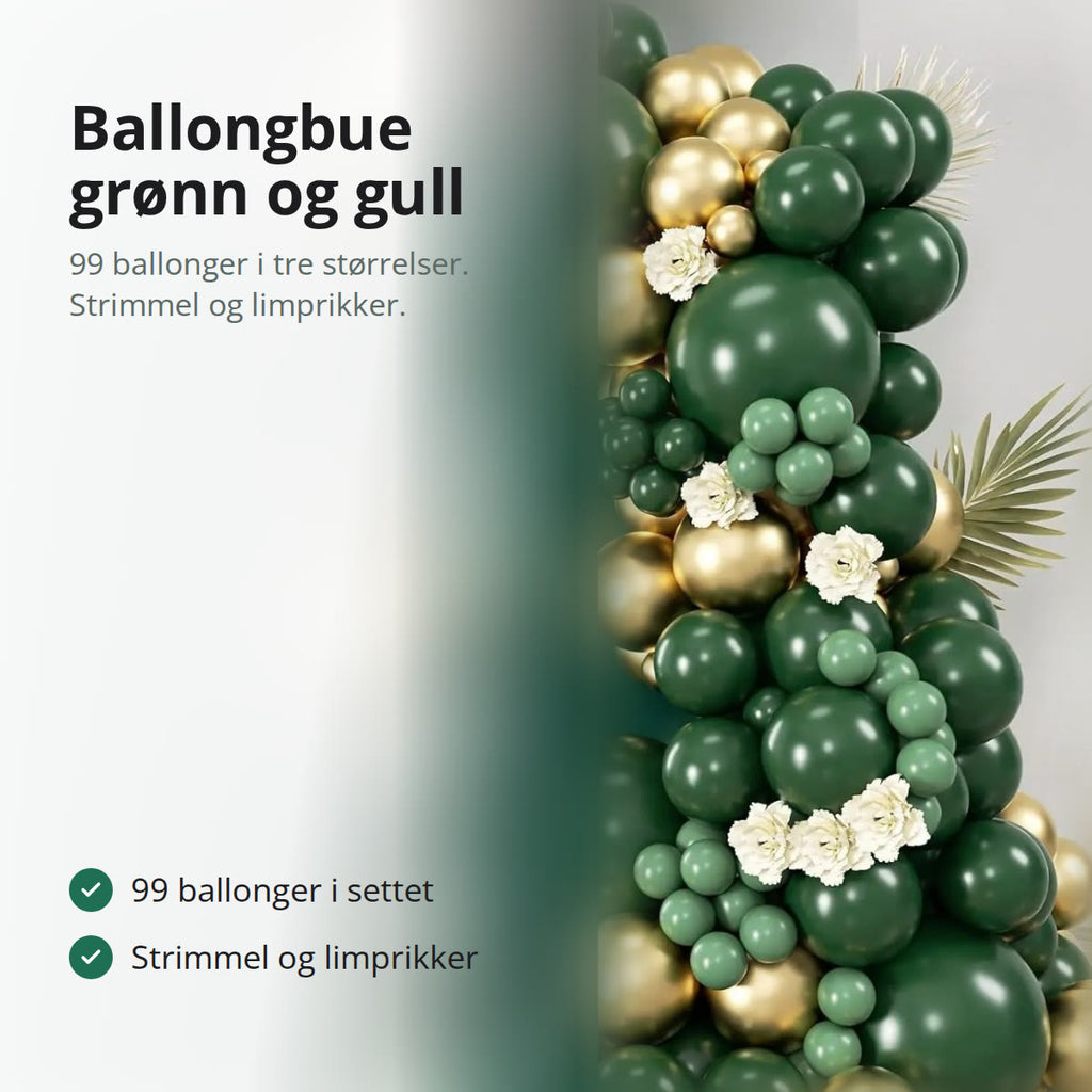Ballongbue i mørkegrønt, salviegrønt og gull ved en grønn vegg