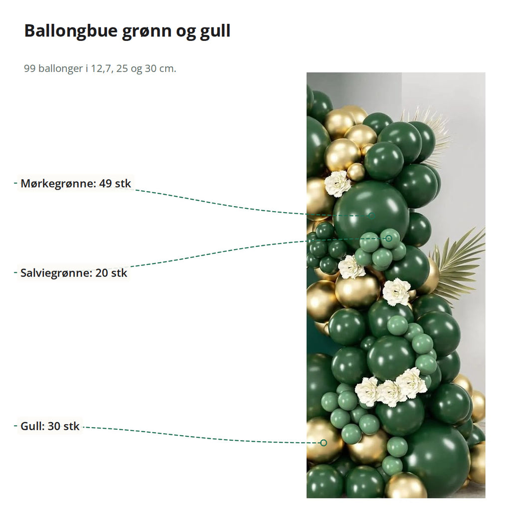 Ballongbue merket med antall mørkegrønne, salviegrønne og gullfargede ballonger i settet