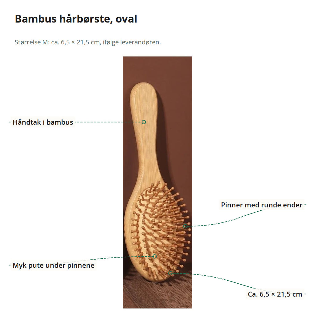 Bambus hårbørste merket med håndtak i bambus, pinner med runde ender, myk pute og størrelse ca. 6,5 × 21,5 cm