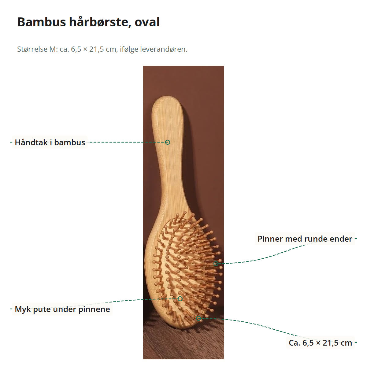 Bambus hårbørste merket med håndtak i bambus, pinner med runde ender, myk pute og størrelse ca. 6,5 × 21,5 cm
