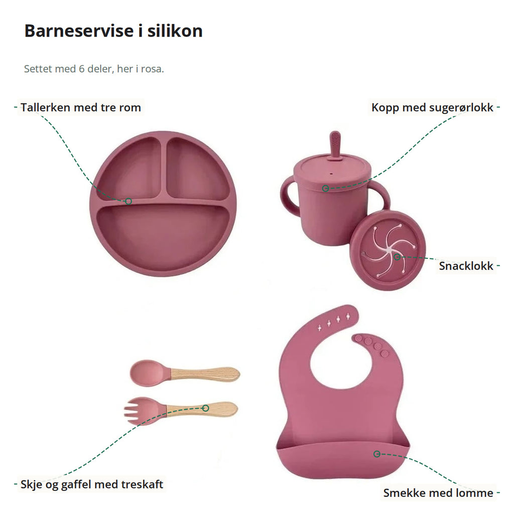 Barneservise i silikon merket med tallerken med tre rom, kopp med sugerørlokk, snacklokk, skje og gaffel med treskaft og smekke med lomme