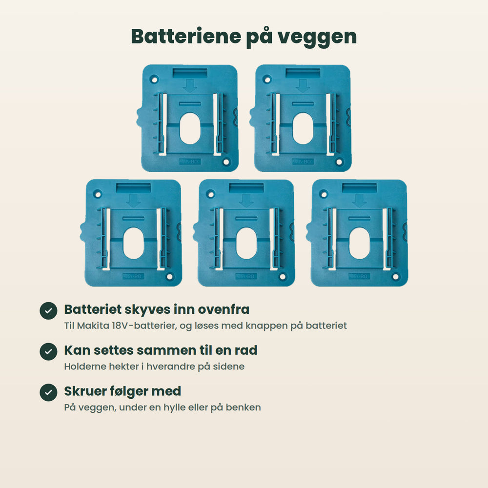 Fem batteriholdere: batteriet skyves inn ovenfra, holderne kan settes sammen til en rad, og skruer følger med