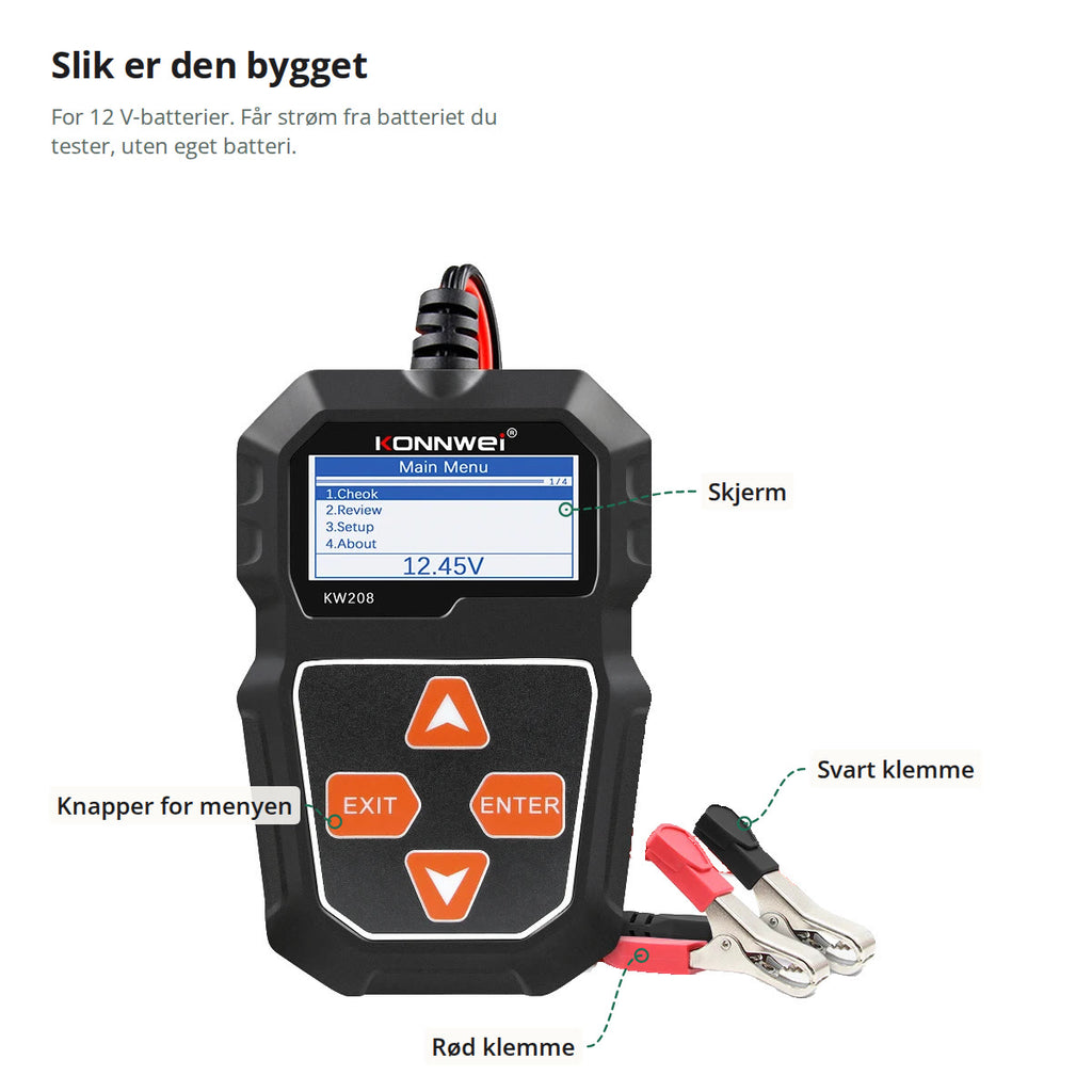 Batteritesteren merket med skjerm, knapper for menyen, svart klemme og rød klemme