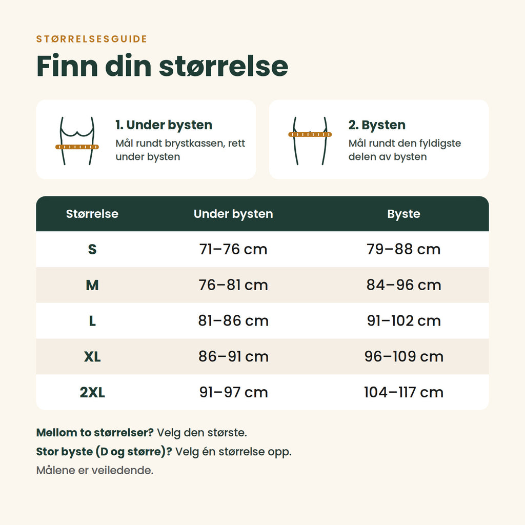 Størrelsesguide for Holda: mål under bysten og rundt bysten i centimeter fra S til 2XL