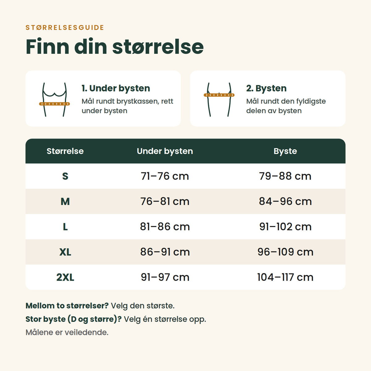 Størrelsesguide for Holda: mål under bysten og rundt bysten i centimeter fra S til 2XL