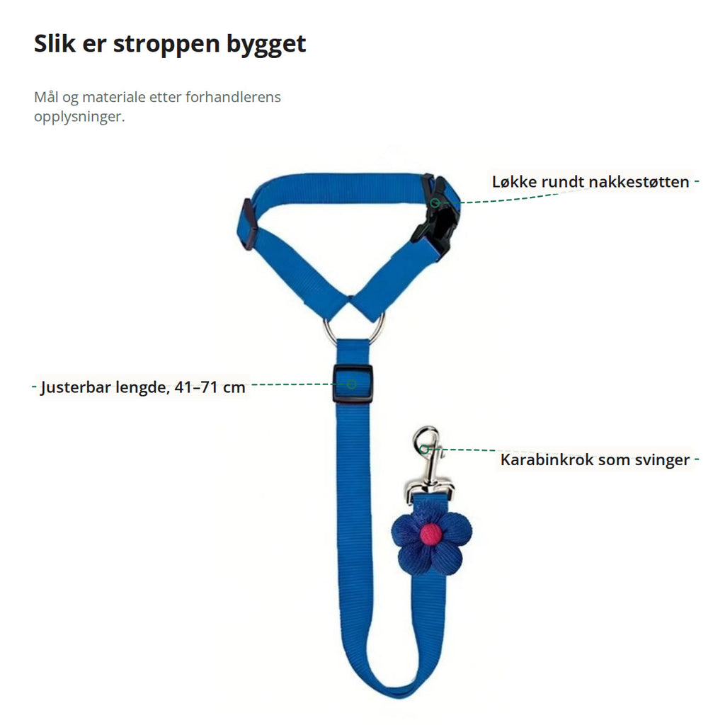 Blått bilbelte merket: løkke rundt nakkestøtten, justerbar lengde og karabinkrok som svinger