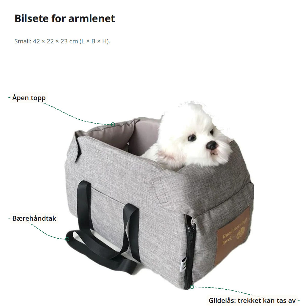 Det grå bilsetet merket med åpen topp, bærehåndtak og glidelås på siden, der trekket kan tas av