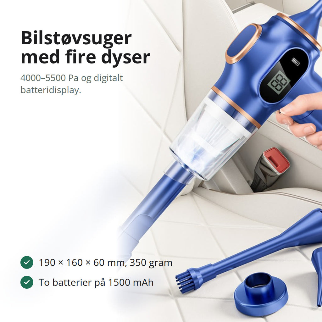 Trådløs bilstøvsuger i sort med gjennomsiktig støvkammer, digitalt display og børstemunnstykke