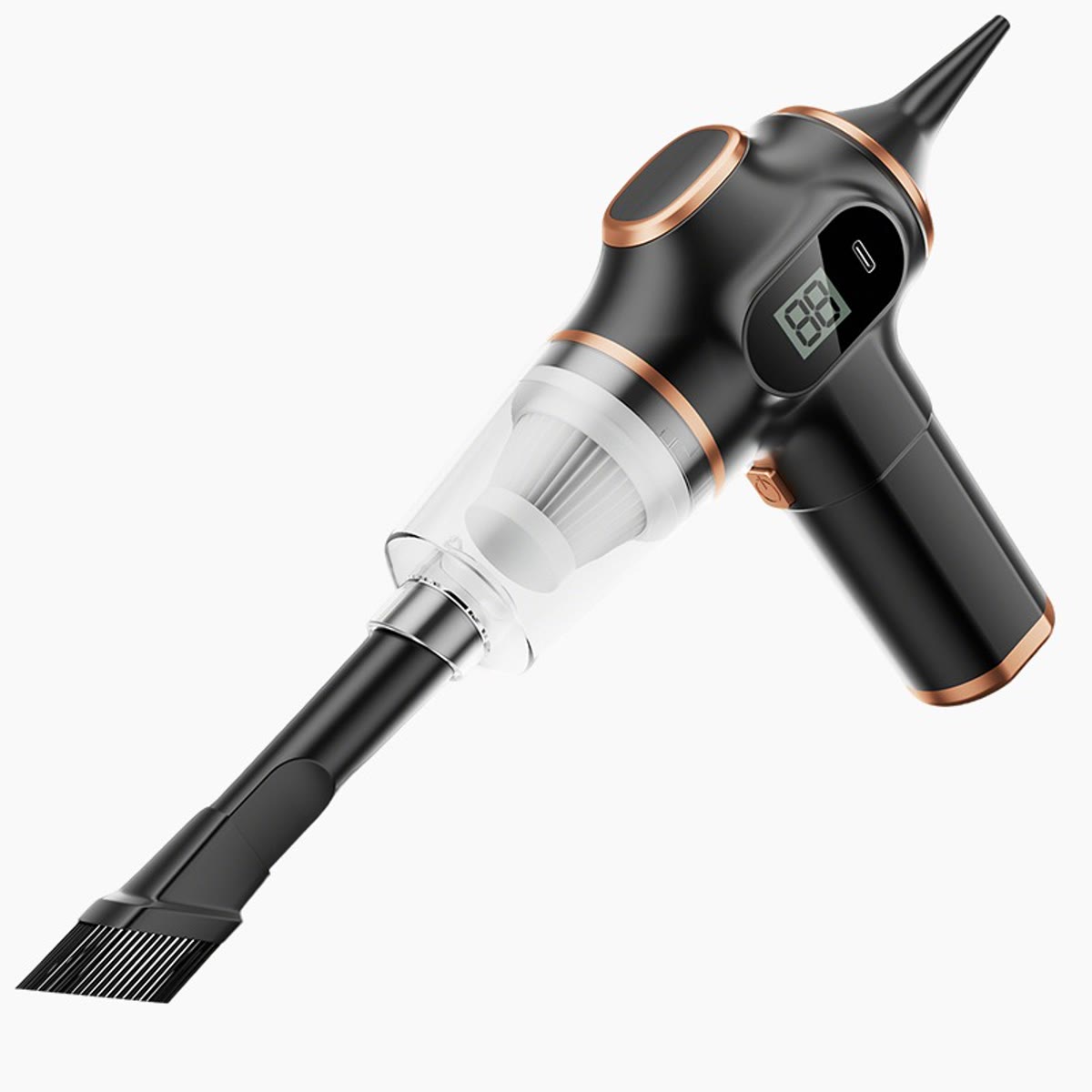 Trådløs bilstøvsuger i sort med gjennomsiktig støvkammer og børstemunnstykke på hvit bakgrunn