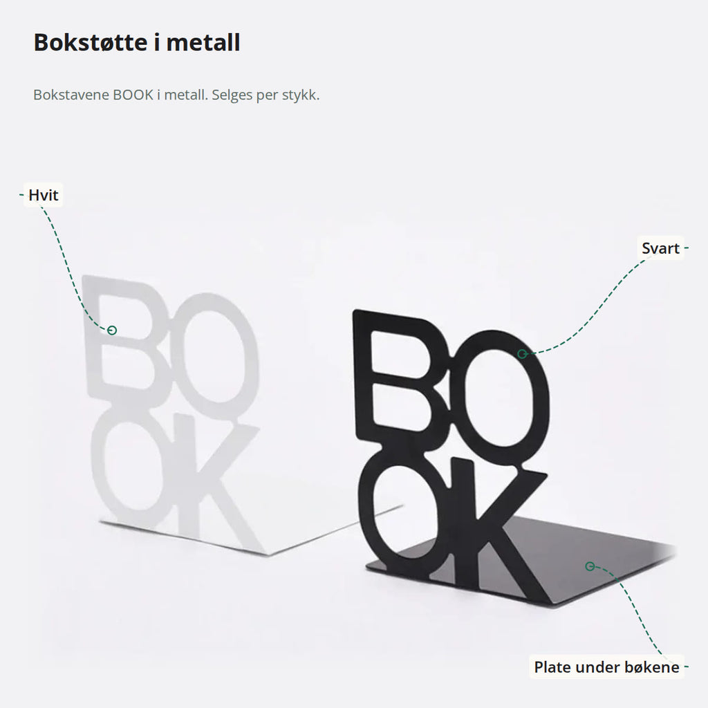 Hvit og svart bokstøtte i metall formet som ordet BOOK, med platen som ligger under bøkene
