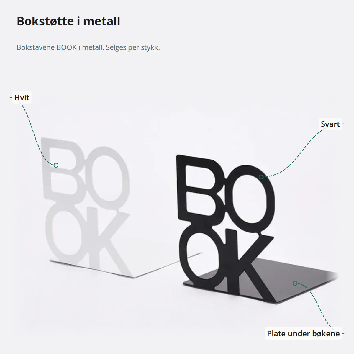 Hvit og svart bokstøtte i metall formet som ordet BOOK, med platen som ligger under bøkene