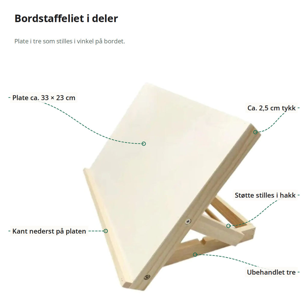 Bordstaffeli merket med platen på ca. 33 × 23 cm, tykkelsen, støtten i hakk, kanten nederst og det ubehandlede treet